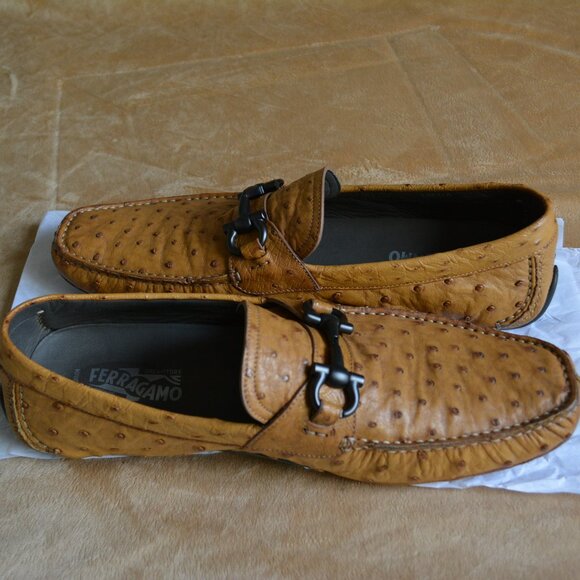 Salvatore Ferragamo Tan Brown Ostrich Leather Loafers, Limited Edition, Size 13